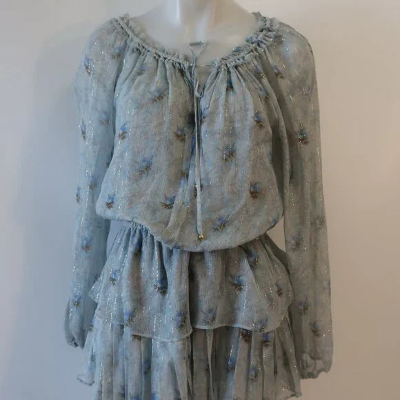 Womens LoveShackFancy Pale Blue Metallic Gold Silk Floral Mini Popover Dress XS - Picture 4 of 15